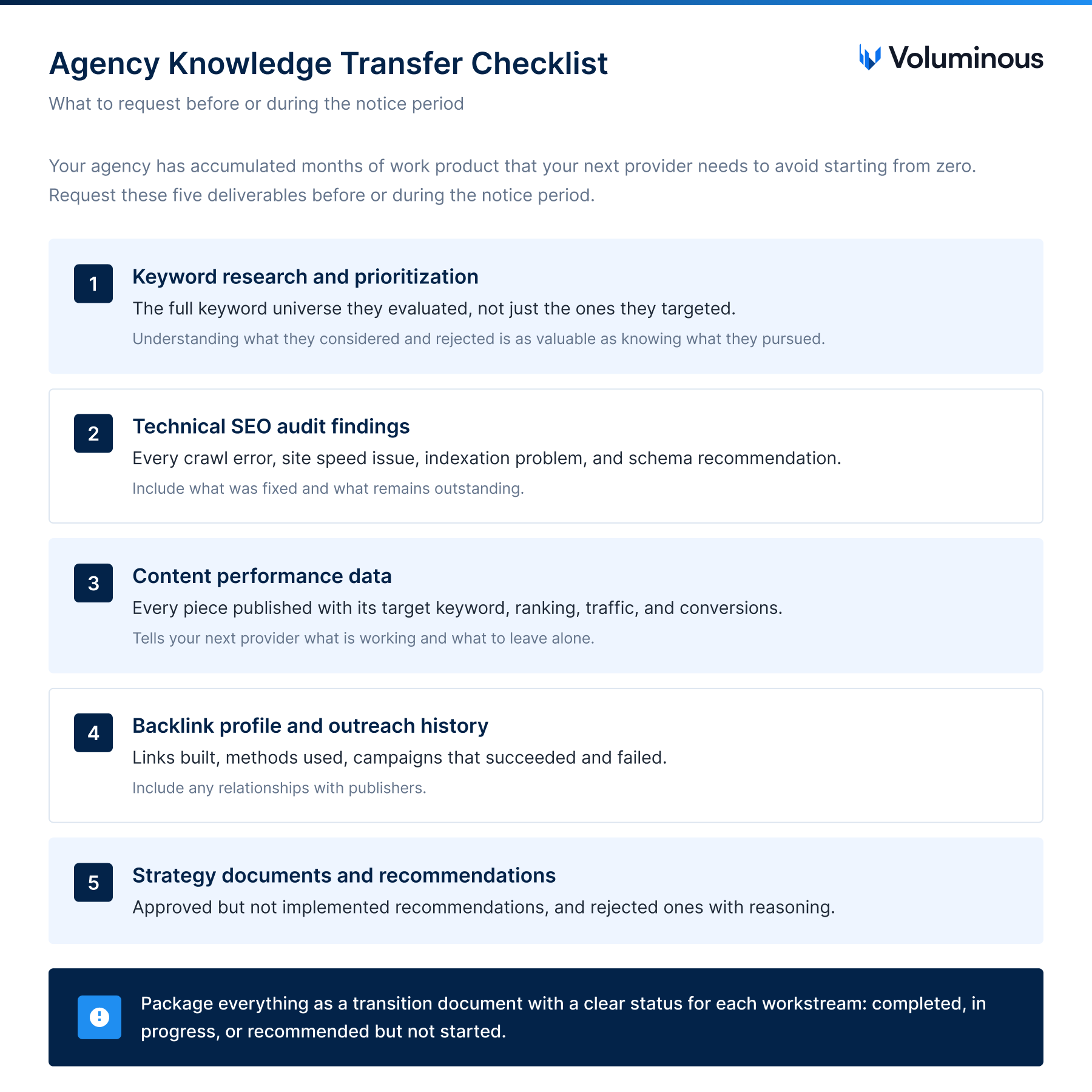 Agency knowledge transfer checklist — what to request before or during the notice period.