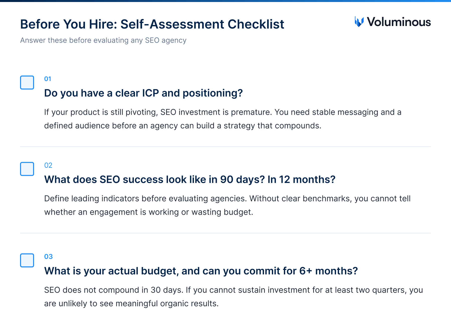 Before you hire: self-assessment checklist — answer these before evaluating any SEO agency.